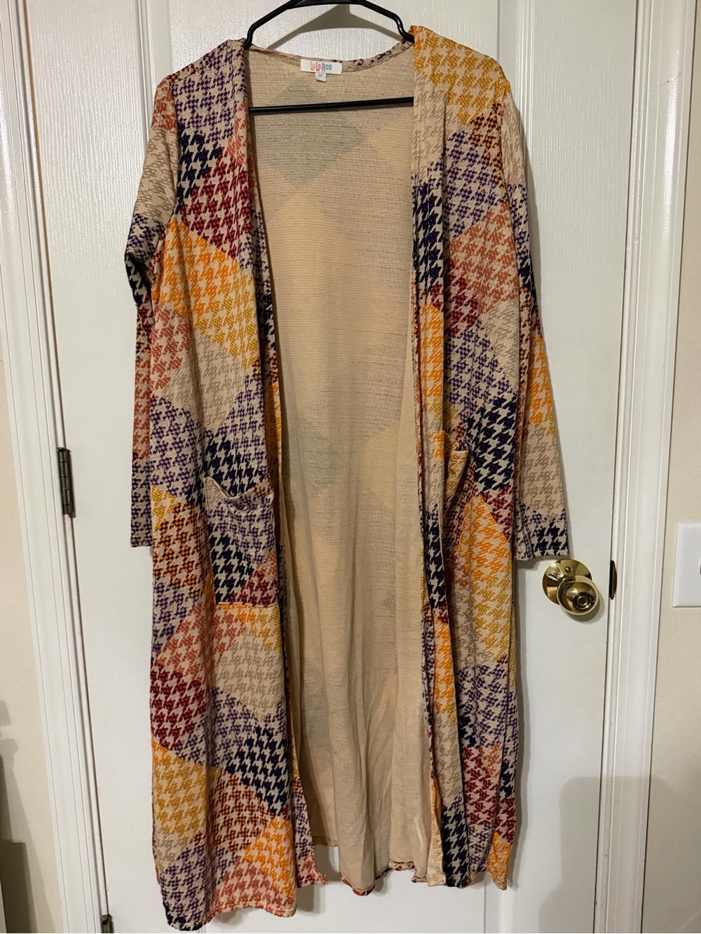 LuLaRoe Beige Cardigan with Purple, Mustard, and Rust Houndstooth